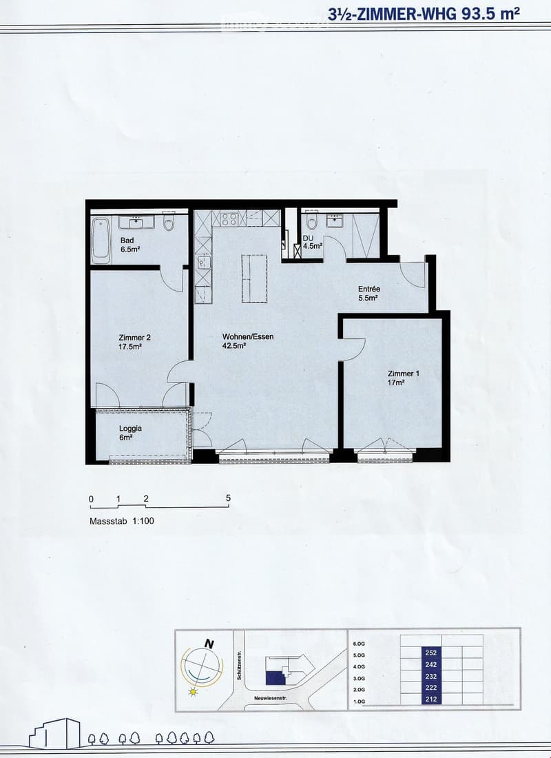 3 1/2 room floor plan including 2 bedrooms, living/dining room, kitchen, bathroom, entrance, loggia, dimensions provided in square meters