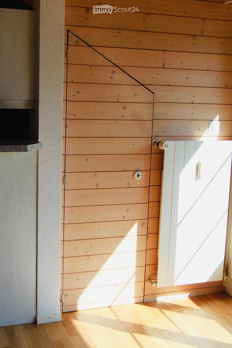 wooden walls, wooden floor, white door, white fireplace cover