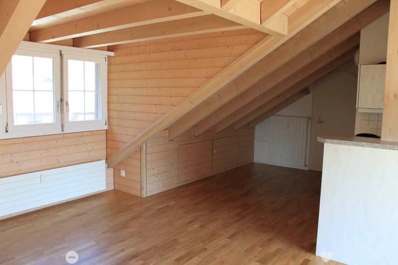 wooden walls, wooden ceiling beams, hardwood floor, window, built-in shelves