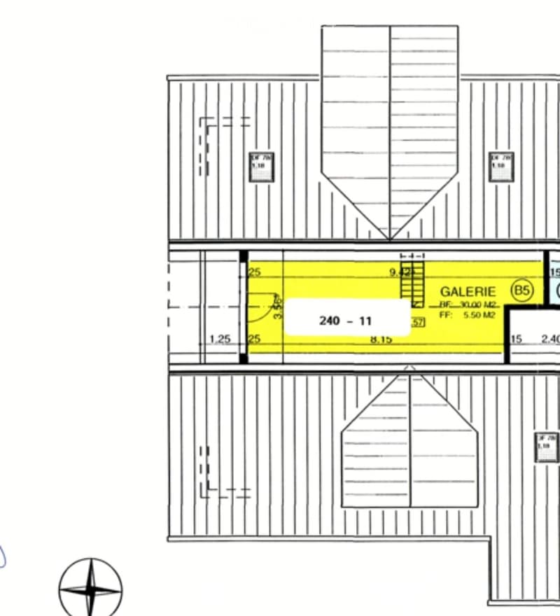 Floor plan showing a multi-level layout with labeled rooms and dimensions, including a gallery area and staircase.