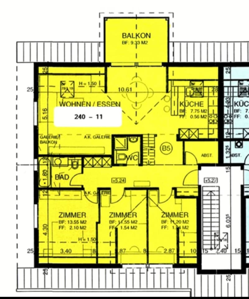 Floor plan showing a living/dining area, kitchen, three bedrooms, bathroom, and balcony.