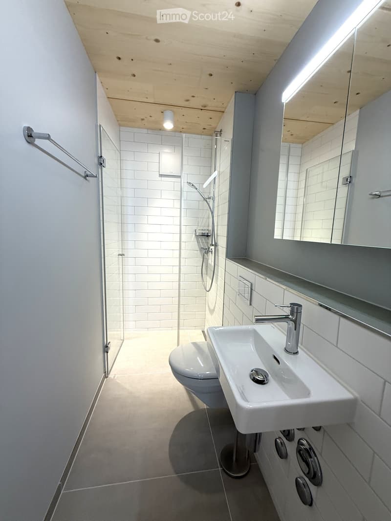 Modern bathroom with white tiles, a sink with a chrome faucet, a toilet, a glass-enclosed shower, and a large mirror above the sink.