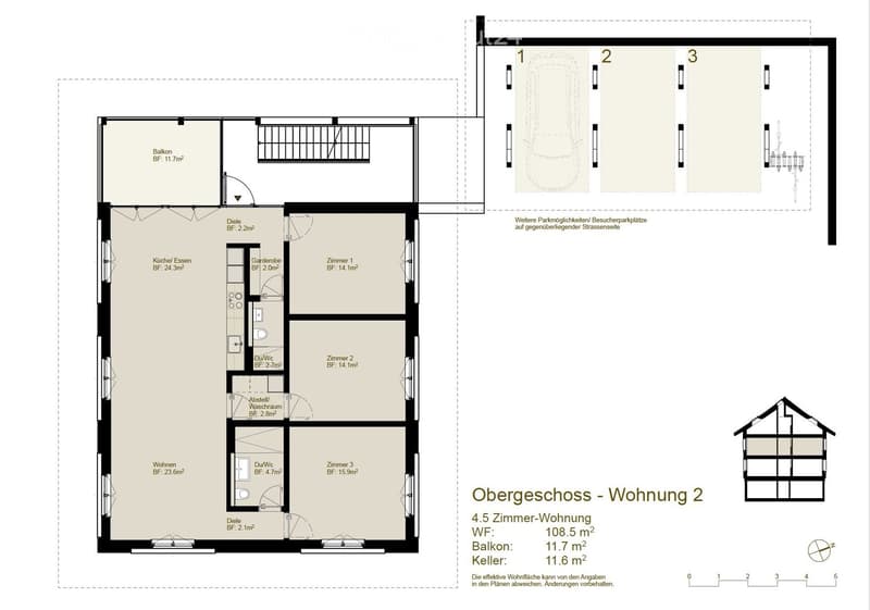 Floor plan of a 4.5-room apartment on the upper floor, including living room, kitchen, three bedrooms, two bathrooms, balcony, and parking spaces.