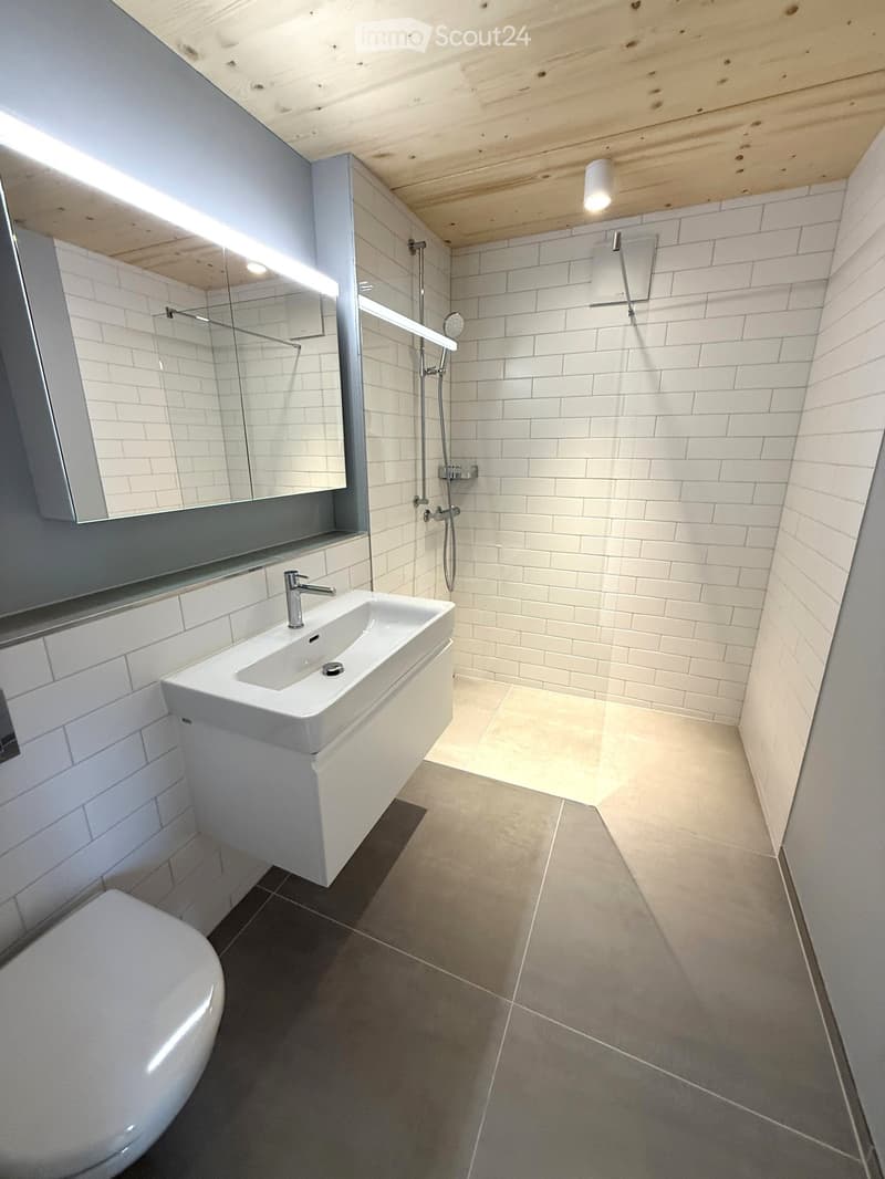 Modern bathroom with white tiles, a white sink with a chrome faucet, a large mirror, a toilet, and a shower area with a glass enclosure.