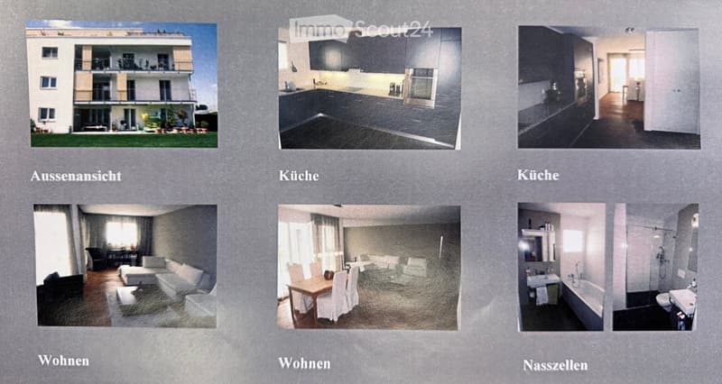 Multi-story apartment building with balconies, modern kitchen, living room, dining area, and bathrooms.