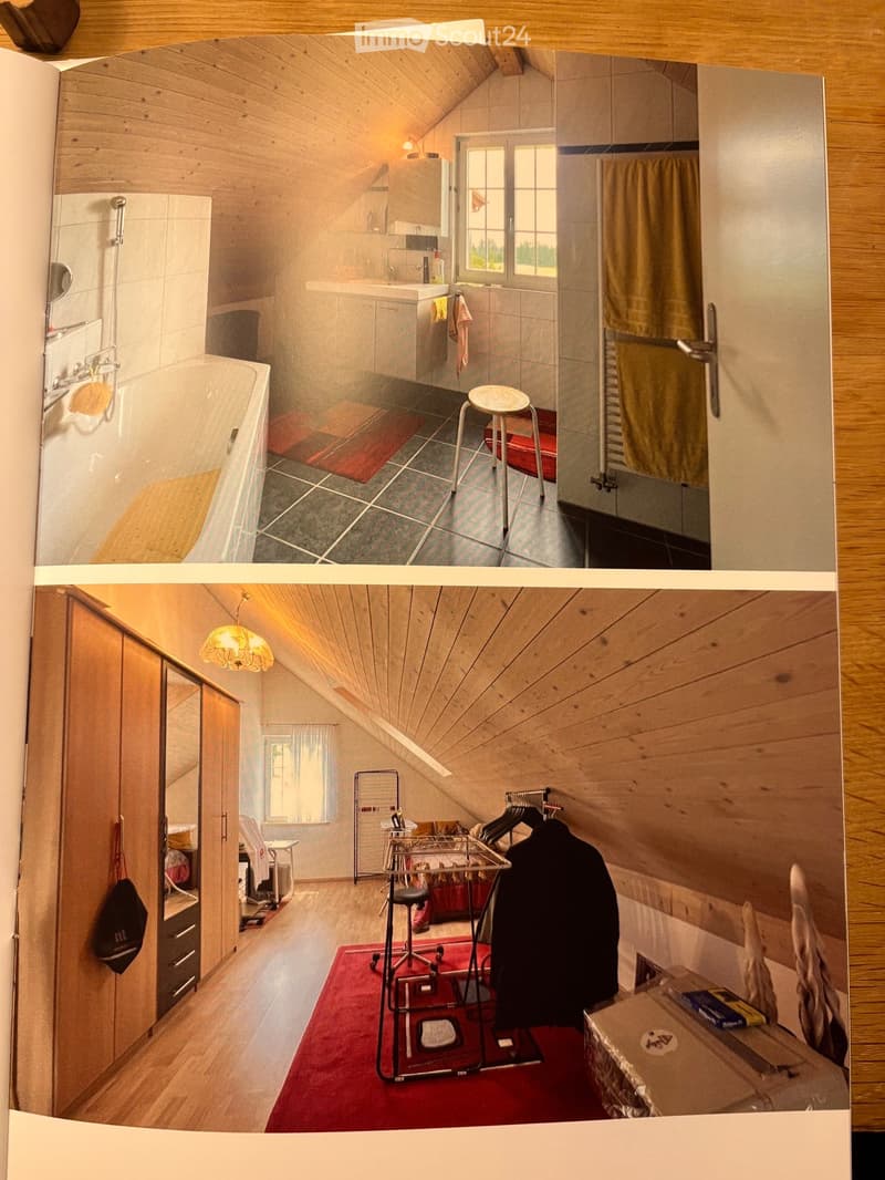 The top image shows a small bathroom with a bathtub, sink, mirror, and a stool. The bottom image shows a cozy attic bedroom with wooden walls, a bed, a chair, a clothing rack, and a small table with a lamp.
