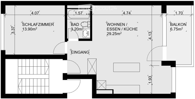 Floor plan showing a bedroom, bathroom, living/dining/kitchen area, entrance, and balcony.