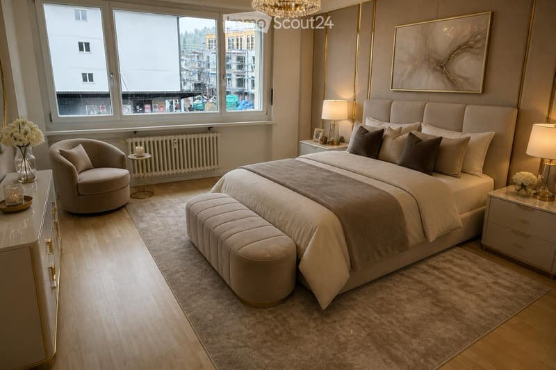 Elegant bedroom with a large bed, nightstands, a round chair, a small table, and decorative vases. Large windows offer a city view.