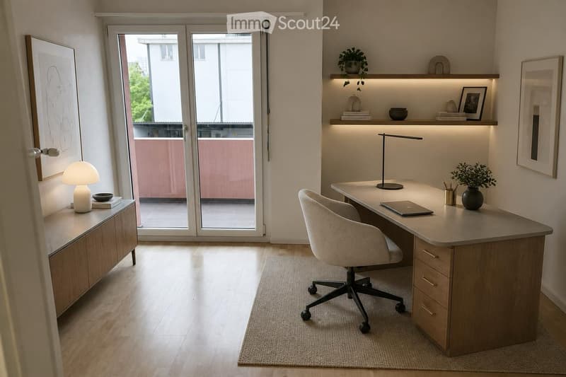Modern, well-lit home office with a large desk, ergonomic chair, laptop, lamp, and decorative plants. Features built-in shelving and a sliding glass door leading to a balcony.