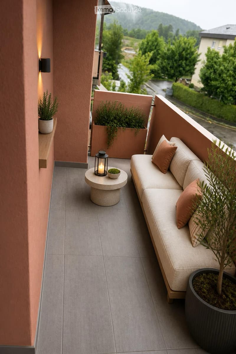 Modern balcony with a grey sofa, small round table, lantern, and potted plants, overlooking a scenic landscape.