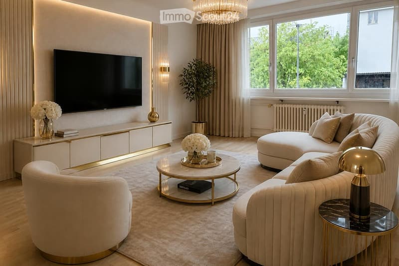 Modern living room with a large sectional sofa, coffee table, side table, floor lamp, TV, and decorative vases.