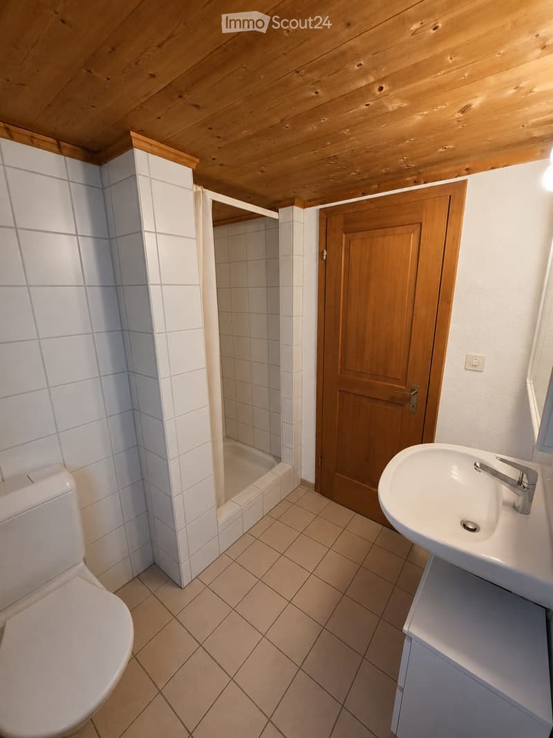 Bathroom with white tiled walls, a toilet, a sink with a modern faucet, and a wooden door leading to a shower area.
