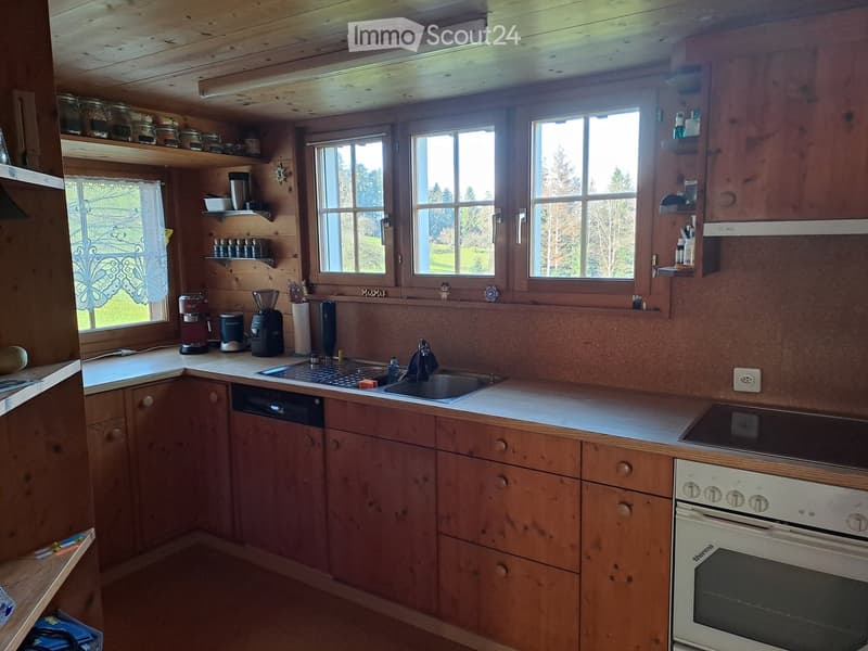Cozy wooden kitchen with large windows, sink, oven, dishwasher, coffee maker, blender, and shelves with jars and bottles.