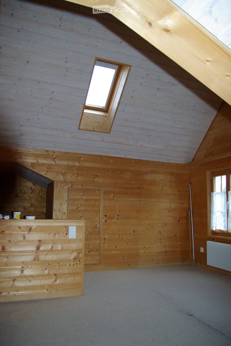 Empty attic room with wooden walls and ceiling, skylight window, and built-in wooden cabinet with small items on top.