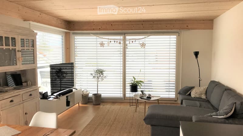 Bright living room with large windows, grey sofa, coffee table, potted plants, and a wooden cabinet with a laptop on top.