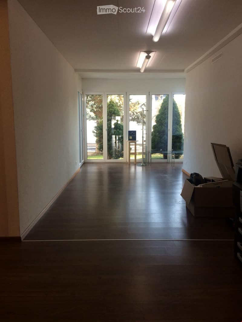 Empty room with dark wooden flooring, large glass doors leading to an outdoor area, and minimal furnishings including a small table and a few boxes.