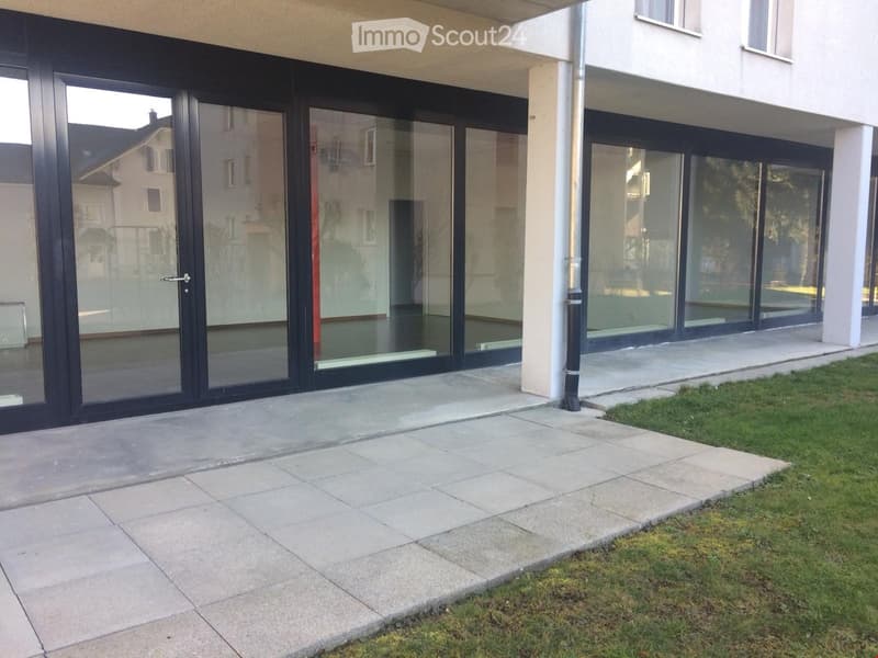 Outdoor patio area with large sliding glass doors leading to a grassy lawn, concrete tiles, and a raised ground floor.