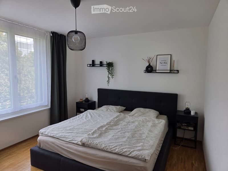 Modern bedroom with a large bed, nightstands, a hanging pendant light, and wall-mounted shelves with decorative items.