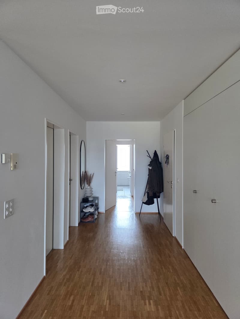 Modern hallway with wooden flooring, white walls, and recessed lighting. Features a coat rack with jackets, a small shelf with shoes, and a decorative vase with dried flowers on a side table.