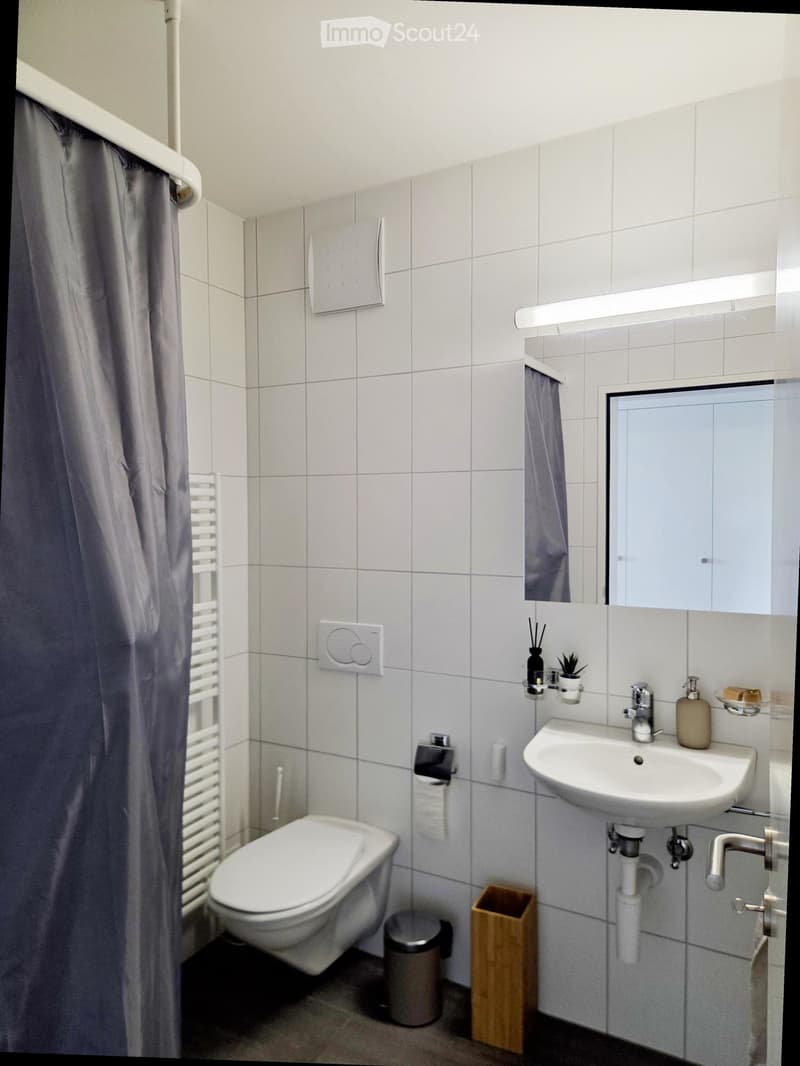 Modern bathroom with white tiles, a toilet, a sink with a mirror, a towel rack, and a shower curtain.