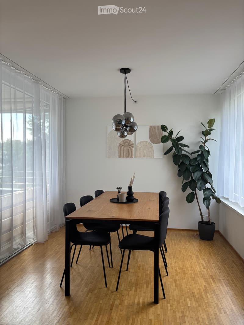 Modern dining room with a wooden dining table, black chairs, pendant light, and large potted plant near the window.