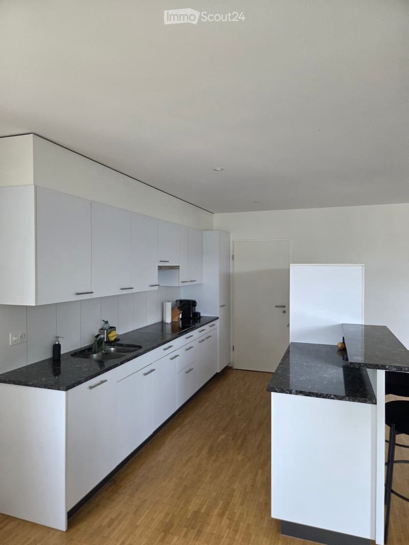 Modern kitchen with white cabinets, dark granite countertops, and wooden flooring. Features a sink, faucet, coffee maker, and a small bar area with a stool.