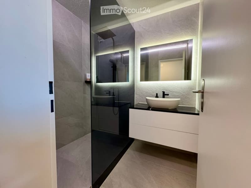 Modern bathroom with a white vanity, black countertop, and a large mirror with built-in lighting. The shower area features a glass enclosure and a sleek design.