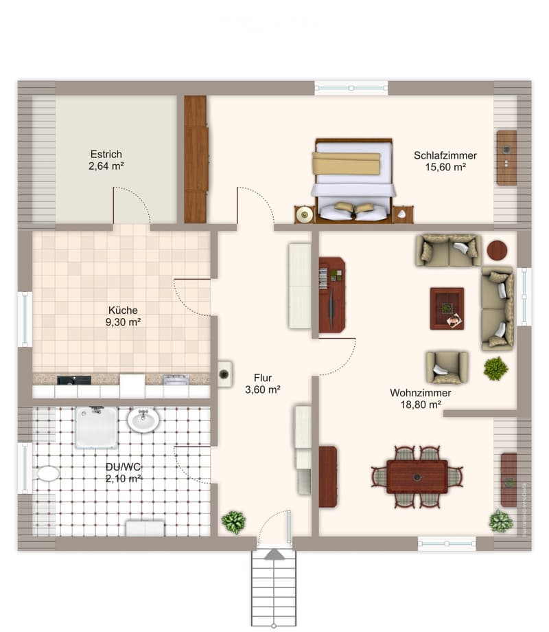 Layout of a 2-room apartment with a living room, bedroom, kitchen, hallway, and bathroom.