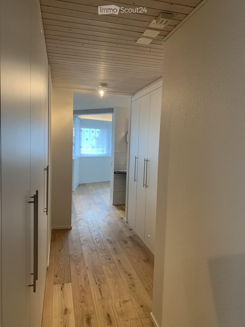 A modern hallway with light wooden flooring, white walls, and built-in white cabinets. The ceiling features a wooden panel design with recessed lighting. A doorway at the end leads to a brighter room with large windows.