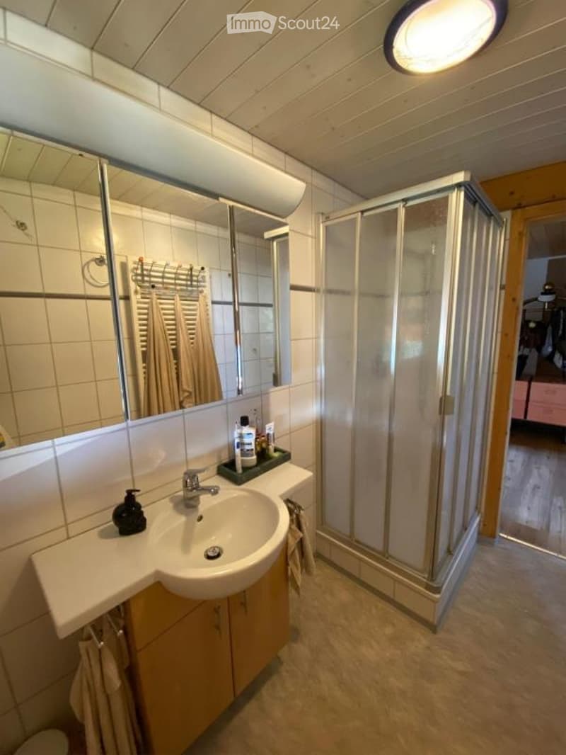 Bathroom with a white sink, mirror, shower stall, and wooden cabinet. Towels are hanging on a rack, and a soap dispenser is placed on the sink counter.