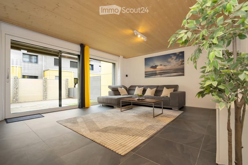 Modern living room with a gray sofa, coffee table, and a beige rug. The room features a large glass door leading to a patio, a picture frame on the wall, and a potted plant.