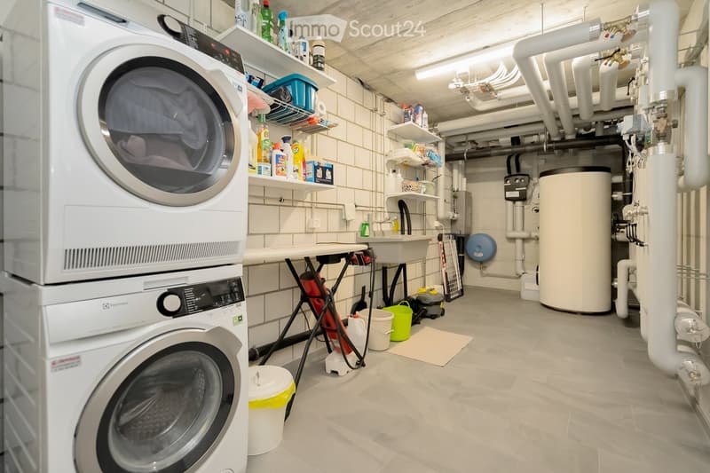 A laundry room with a washing machine, dryer, ironing board, sink, buckets, and a vacuum cleaner. Shelves with cleaning products and a water heater are also present.
