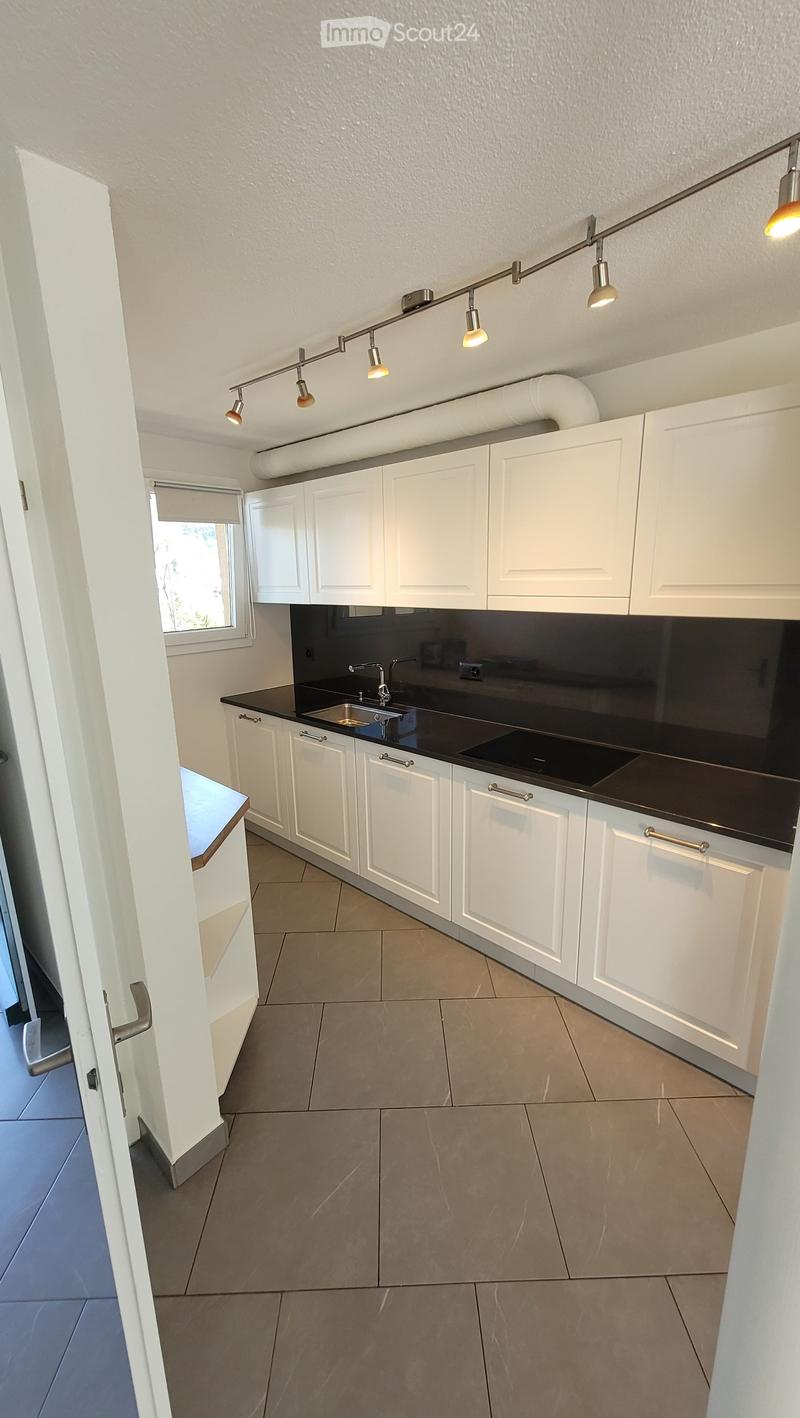 Modern kitchen with white cabinets, black countertop, stainless steel sink, and built-in lighting track.