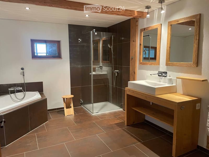 Modern bathroom with a bathtub, a glass-enclosed shower, a double sink vanity with wooden cabinetry, and two mirrors. The space features wooden beams on the ceiling and warm brown tiles on the floor.