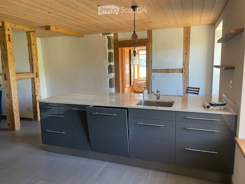 Modern kitchen with grey cabinets, granite countertop, stainless steel sink, and wooden beams in the ceiling.