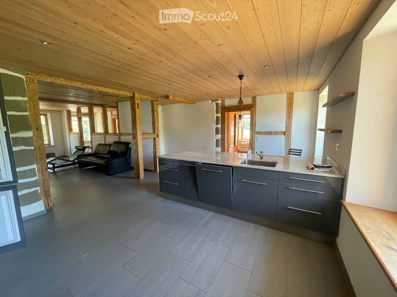 Open-plan living and kitchen area with wooden beams, grey cabinets, island, sofa, and a small table.