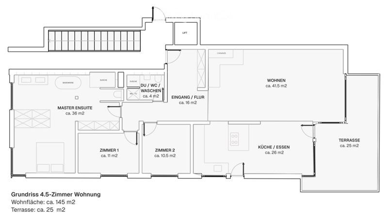 Floor plan of a 4.5-room apartment with living area, kitchen, two bedrooms, master suite, and a terrace.