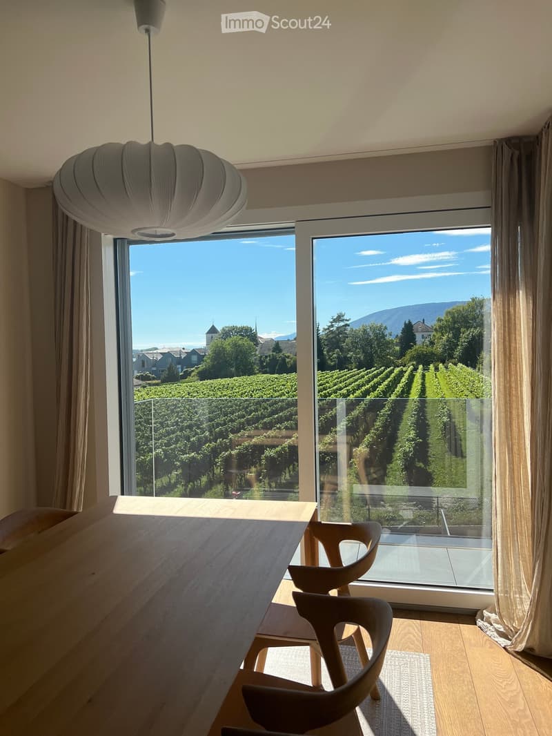 Bright dining area with large windows offering scenic views of vineyards and mountains, featuring a wooden dining table and chairs.