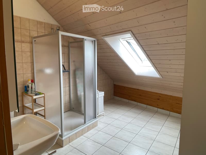 Bathroom with a bathtub, glass-enclosed shower, small wooden shelf holding cleaning supplies, and a skylight window in the sloped wooden ceiling.