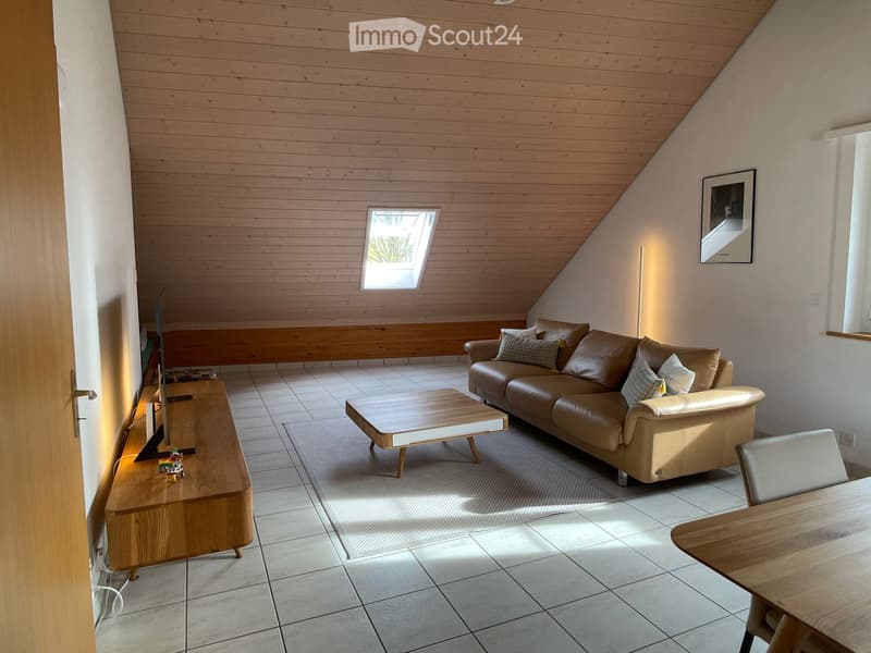Modern living room with a slanted wooden ceiling, large window, and skylight. Features a brown leather sofa, wooden coffee table, and a TV on a wooden stand.