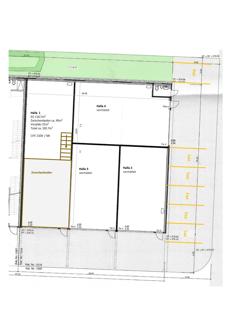 Ground floor plan showing four halls (Halle 1, Halle 2, Halle 3, Halle 4), with labeled dimensions, doors, and elevation details.