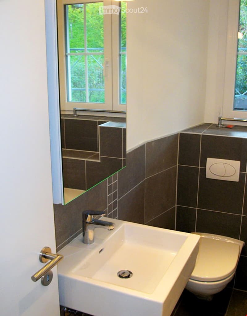 Modern bathroom with a white sink, chrome faucet, toilet, large mirror, and windows with a view of greenery.