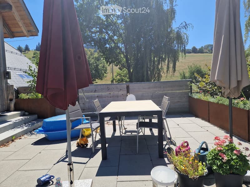 Outdoor patio with a table, chairs, umbrellas, potted plants, and a small blue pool. The area is enclosed by a wooden fence and features a scenic view of a field and trees.