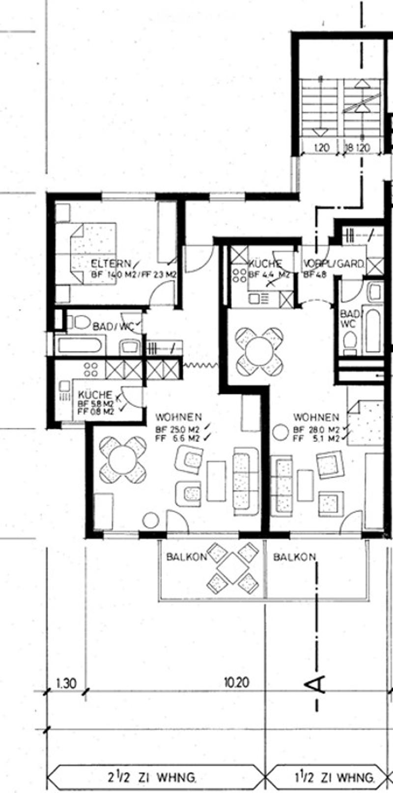 Floor plan of a 2.5-room apartment with living area, kitchen, two bedrooms, two bathrooms, and two balconies.