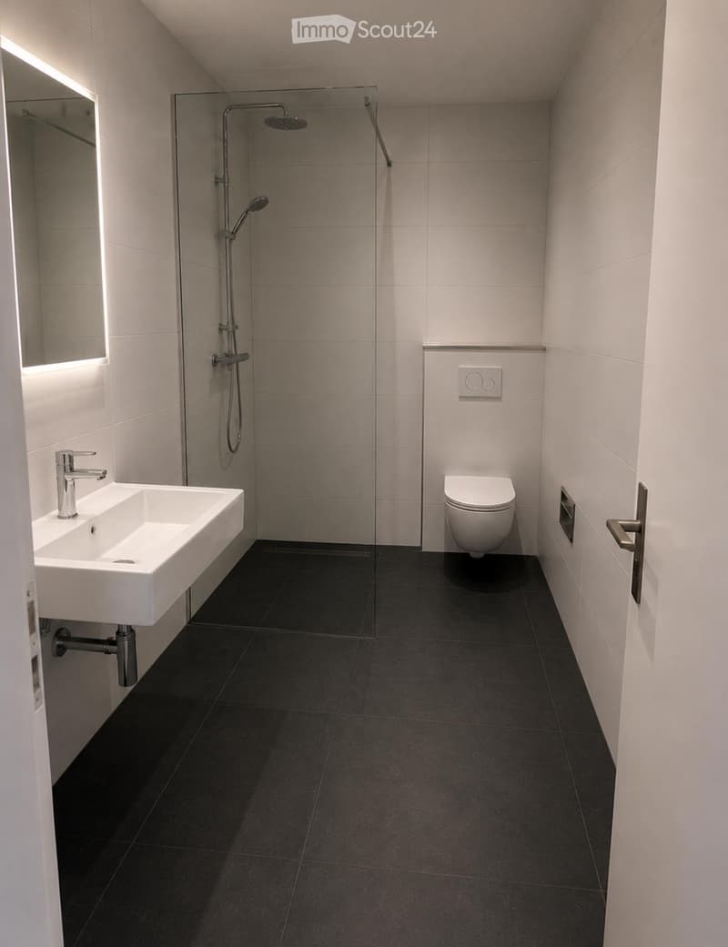 Modern bathroom with a white sink, chrome faucet, toilet, glass-enclosed shower, and a large mirror with integrated lighting.