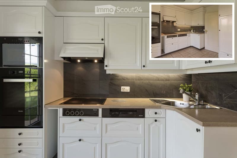 Modern kitchen with white cabinets, stainless steel appliances, and a dark backsplash. Features include an oven, stove, sink, and dishwasher.