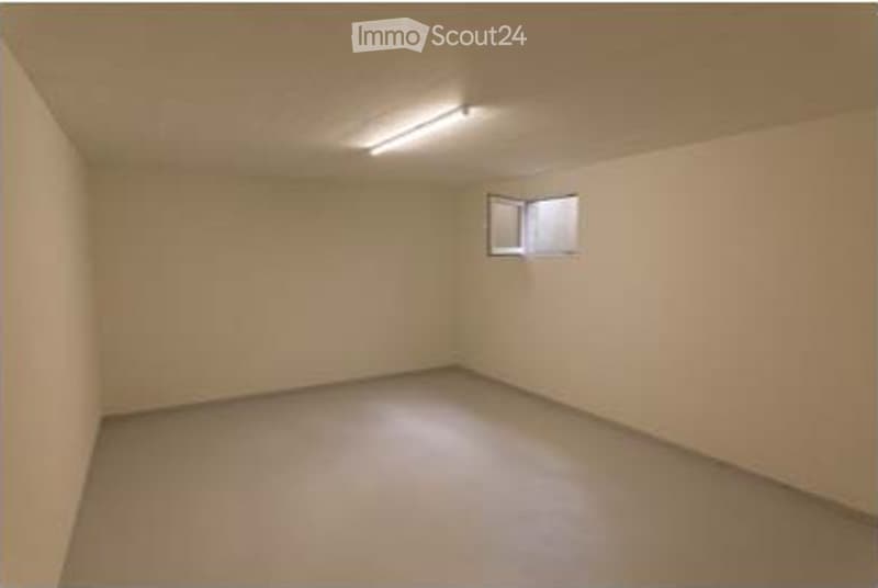 Empty room with beige walls and floor, single window, and fluorescent lighting.
