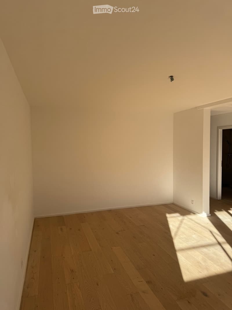 Empty room with light wooden flooring and white walls, featuring a visible electrical outlet and a small black object on the wall.