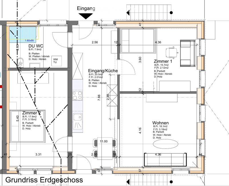 Floor plan of a ground floor showing an entrance, kitchen, living room, bedroom, and bathroom with dimensions and room labels.