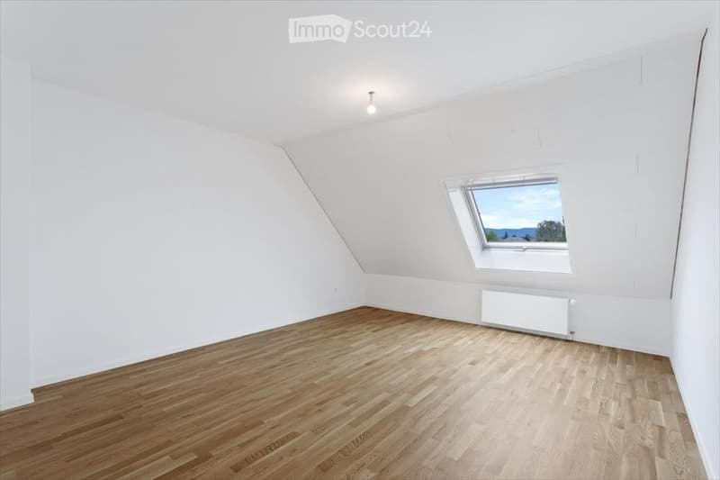 Completely empty attic room with wooden flooring, white walls, and a skylight window offering a view of the outdoors.
